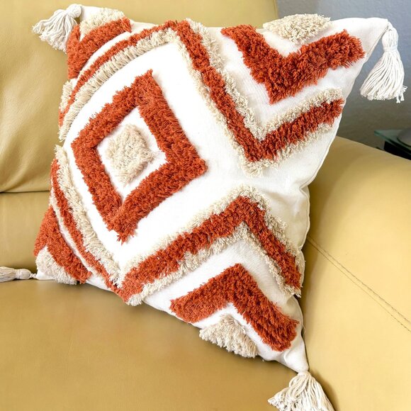 2 Sizes Burnt Orange Beige Boho Tufted Geometric Tassels Throw Pillow Cover New - Picture 5 of 9